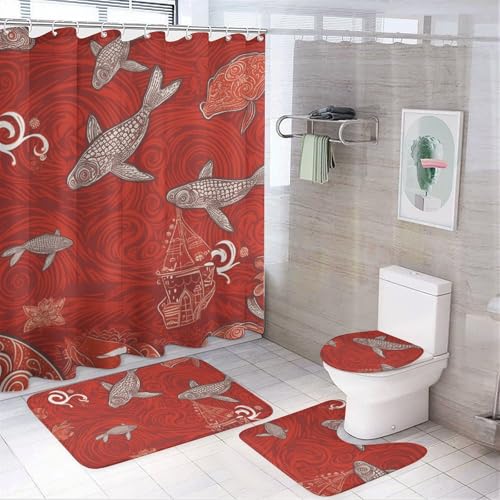NKJJSTES Duschvorhang-Set mit Duschvorhang und Teppichen und rutschfester U-förmiger Matte, rotes Meerestier, WC-Deckelbezug für Badezimmer von NKJJSTES