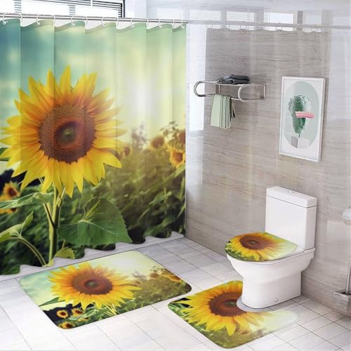 NKJJSTES Duschvorhang-Set mit Duschvorhang und Teppichen und rutschfester U-förmiger Matte, schöne Sonnenblumen-WC-Deckelbezug für Badezimmer von NKJJSTES