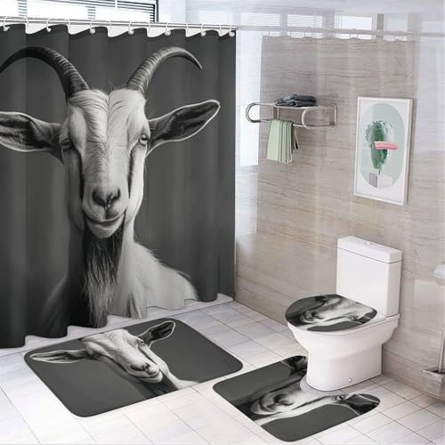NKJJSTES Duschvorhang-Set mit Duschvorhang und Teppichen und rutschfester U-förmiger Matte, schwarz-weiß, Ziegen-WC-Deckelbezug für Badezimmer von NKJJSTES