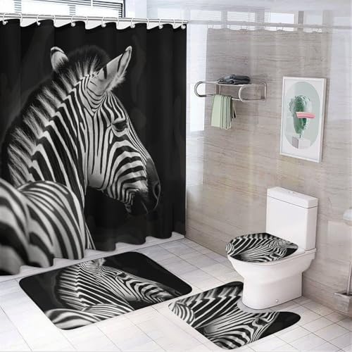 NKJJSTES Duschvorhang-Set mit Duschvorhang und Teppichen und rutschfester U-förmiger Matte, schwarz-weißes Zebra-WC-Deckelbezug für Badezimmer von NKJJSTES