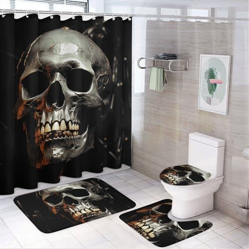NKJJSTES Duschvorhang-Set mit Duschvorhang und Teppichen und rutschfester U-förmiger Matte, unheimlicher gruseliger Totenkopf-WC-Deckelbezug für Badezimmer von NKJJSTES