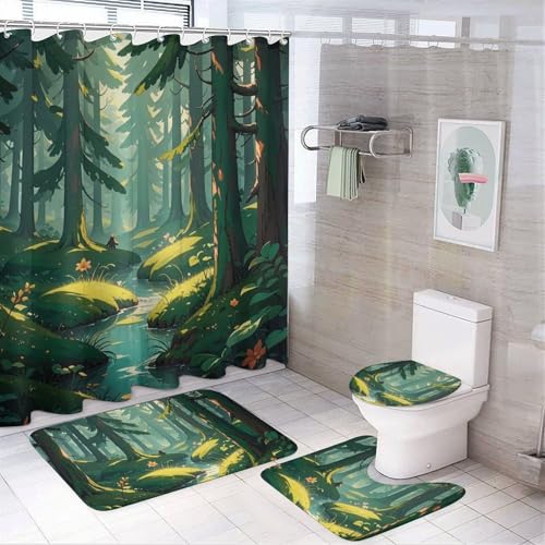 NKJJSTES Duschvorhang-Set mit Duschvorhang und Teppichen und rutschfester U-förmiger Matte, verzauberte Wildnis-Fantasie auf dunkelgrünem WC-Deckelbezug für Badezimmer von NKJJSTES