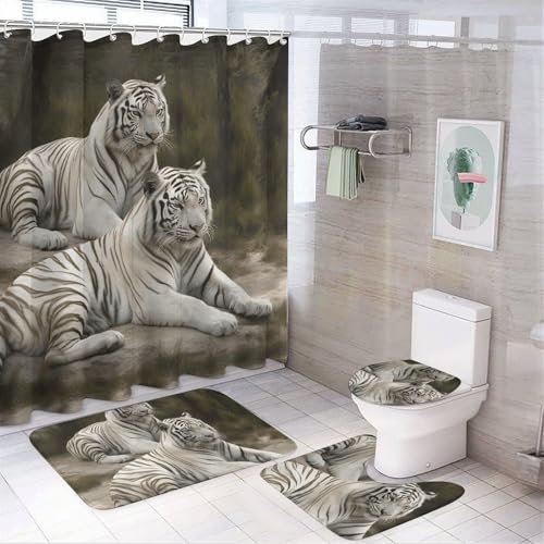NKJJSTES Duschvorhang-Set mit Duschvorhang und Teppichen und rutschfester U-förmiger Matte, weiße Tiger, WC-Deckelbezug für Badezimmer von NKJJSTES