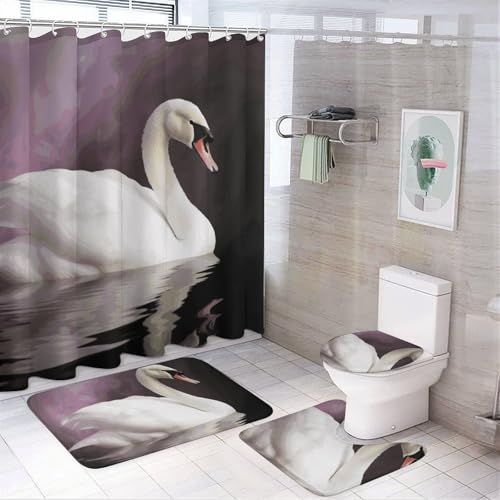 NKJJSTES Duschvorhang-Set mit Duschvorhang und Teppichen und rutschfester U-förmiger Matte, weißer Schwan, WC-Deckelbezug für Badezimmer von NKJJSTES