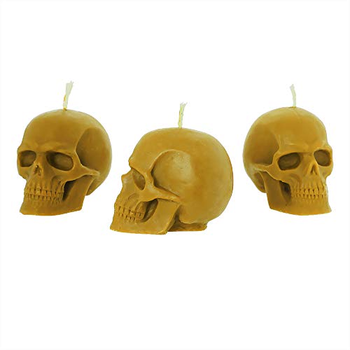 NKlaus 3x Kerzenset Totenkopf Gelb aus biologich reinem Bienenwachs Gothik Kerze bunte Figurenkerze Skull Halloween Ritualkerze Tropfkerzen 36293 von NKlaus