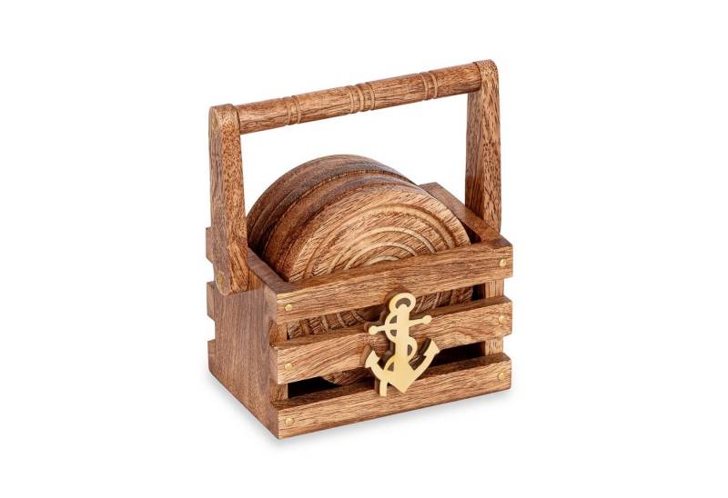 NKlaus Dekofigur 8cm Maritimes 6 Untersetzer im Korb 10 x 6cm aus Mangoholz Anker moti, Made in Germany von NKlaus