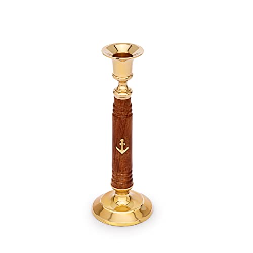 NKlaus Maritim Kerzenständer aus Holz und Messing Gold 20cm hoch Vintage Kerzenhalter 11647 von NKlaus