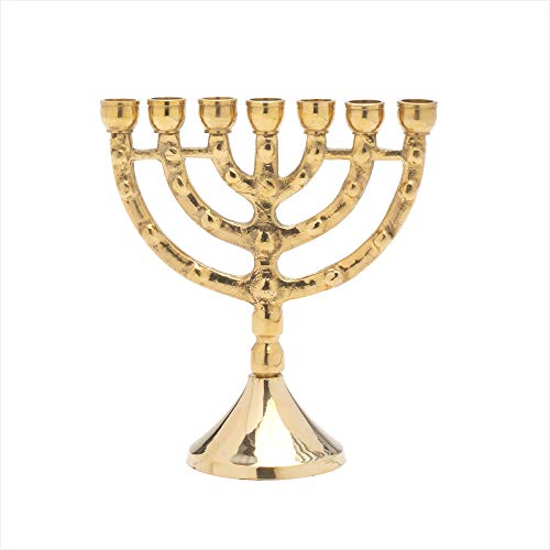 NKlaus Menorah 11cm hoch 7er Leuchter für Kerzen bis Ø 1cm Kerzenleuchter klein Kerzenständer Messing goldfarbig 2883 von NKlaus