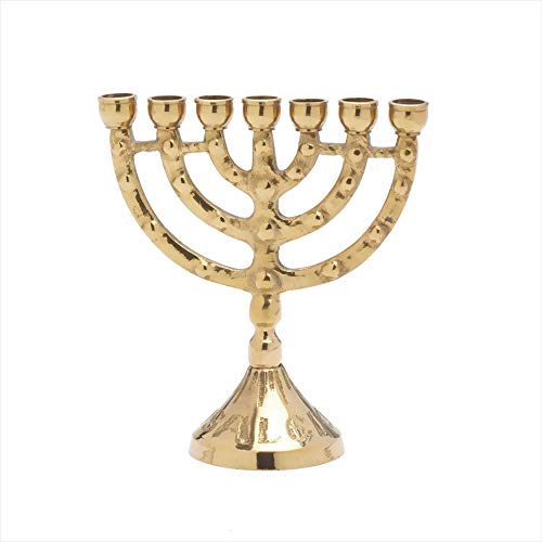 NKlaus Menorah 11cm hoch 7er Leuchter für Kerzen bis Ø 1cm Kerzenleuchter Jerusalem Kerzenständer Messing goldfarbig glänzend 2882 von NKlaus