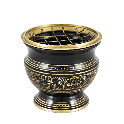 NKlaus Räuchergefäß Gemustert schwarz - Gold Messing mit Gitter 7cm Weihrauchgefäß Weihrauchbrenner Räucher Betriebsart Räucherkohle auf Sand 4012 von NKlaus