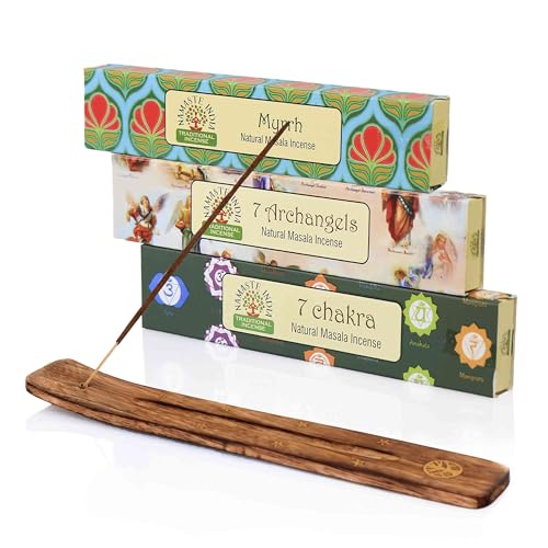 NKlaus Räucherstäbchen Set – 7 Chakra, 7 Archangels & Myrrh (Namaste India) + Holzhalter | Spirituelles Natur Räucherwerk für Meditation & Balance von NKlaus