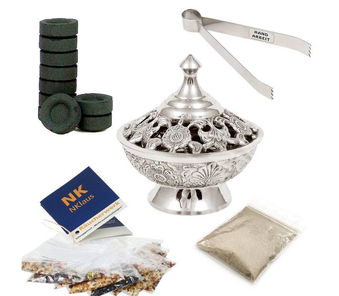 NKlaus Räucherschale 14tlg Set Räucherschale Silber Kohlezange Räucherwerk Räuchersand Räuc, Räucherstövchen von NKlaus