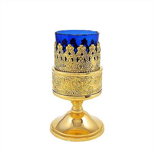 NKlaus Ritual Windlicht Öllampe h. 13cm Ø 5,5cm Vergoldet Deko Laterne Blau Handarbeit 2971 von NKlaus