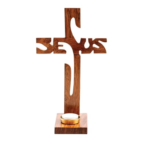 NKlaus Standkreuz Jesus Höhe 29cm Stehkreuz aus Holz lackiert für Teelicht Ø 4-4,5cm von NKlaus