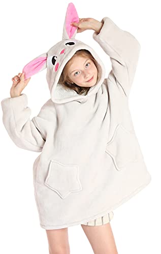 NLAND Kapuzendecke Für Kinder Und Erwachsene Neue Tragbare Kapuzenwolldecke Baumwollsamt Dickes Tv-deckenset Lazy Blanket(Graues Kaninchen,Einheitsgröße) von NLAND
