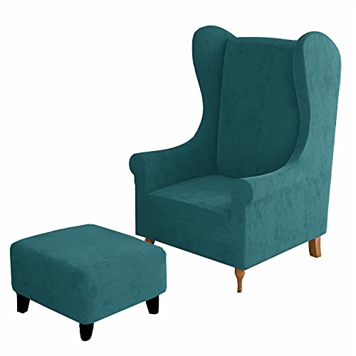 NLCYYQ Ohrensesselbezüge & Ottomane Abdeckung Bezug, Ohrensessel Schonbezug Hocker Bezug Rechteck/Square Samt Stretch 2 Stück (Blau,Wing Chair & Ottoman S) von NLCYYQ