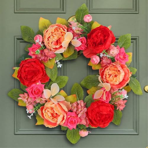 Künstlicher Frühlingsblumen-Türkranz, Blumen-Pfingstrosenkränze, Rote Pfingstrosen-Rattan-Kranz für Hochzeit, Wand, Zuhause, Kranz, Dekoration, Haustür, Außentür oder (40cm) von NLDGR