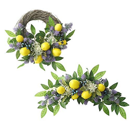 NLDGR 2 x Lavendel-Zitronenkranz, 61 cm, Frühlingsblumen-Girlande mit Blumen, 43,2 cm, künstlicher Zitronenkranz, dekorative Früchte, Girlande für Haustür, Wandbogen, Dekoration von NLDGR