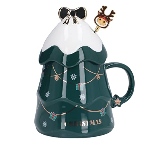 NLDGR 500 Ml Weihnachts-Teetasse aus Keramik, Kaffeetassen mit Henkel und Deckellöffel, Niedliche Tassen, Weihnachts-Kaffeetasse, Weihnachts-Kindertassen für Zuhause,(Grüner Deckel mit Rührlöffel) von NLDGR