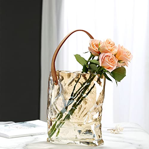 NLDGR Glas-Geldbörsenvase für Blumen, klare Glas-Tasche, Vase mit Fischschale, klare Glasvasen mit Griffen, flippige Vase, moderne Vasen für Heimdekoration, Dekoration [Golden L] von NLDGR