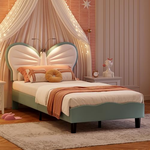 NLDGR Polsterbett Doppelbett 90 x 200 cm, Bettgestell mit Kopfteil in Blumenform Muschelform und Lattenrost, Samtstoff, für Erwachsenen Jugendbett, Mädchenbett, Gästebett (Blau+LED-90x200cm) von NLDGR