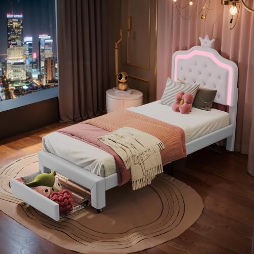 NLDGR Polsterbett Doppelbett 90 x 200 cm, Bettgestell mit Kopfteil in Blumenform Muschelform und Lattenrost, Samtstoff, für Erwachsenen Jugendbett, Mädchenbett, Gästebett (Weiß+PU-90x200cm) von NLDGR