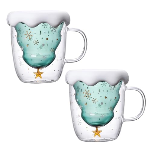 NLDGR Weihnachtsbaum-Tasse, Niedliche Tassen, Weihnachts-Kaffeetasse, Doppelwandige Isolierte Glastasse, Weihnachtstassen mit Deckel, Frauen, Kinder, Mädchen, Männer,(A,2) von NLDGR