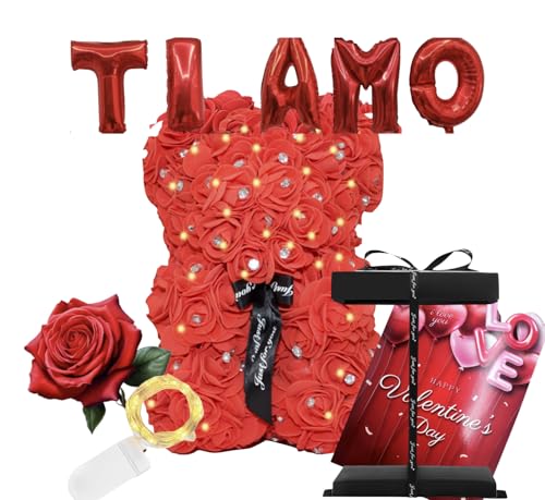 Rosenbär Teddybär Geschenkidee Freundin Valentinstag für Sie Rosenblüten Plüsch Valentinstag Lovebox Geschenk Frau Küssen Box und Band (Rot) von NLIGHTING