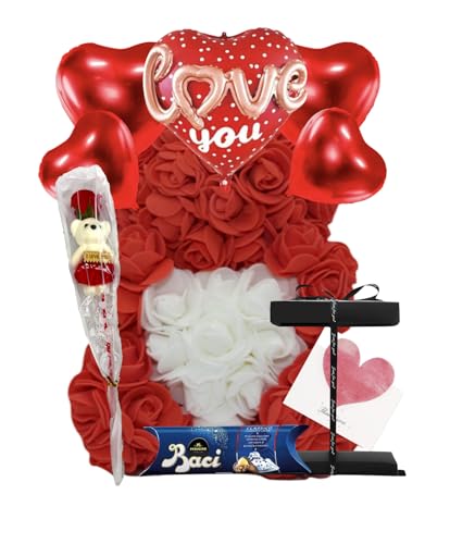NLIGHTING® Rosenbär Rosenbär Geschenkidee Freundin Plüschbär mit künstlichen Rosen Valentinstagsgeschenk mit weißem Herz von NLIGHTING