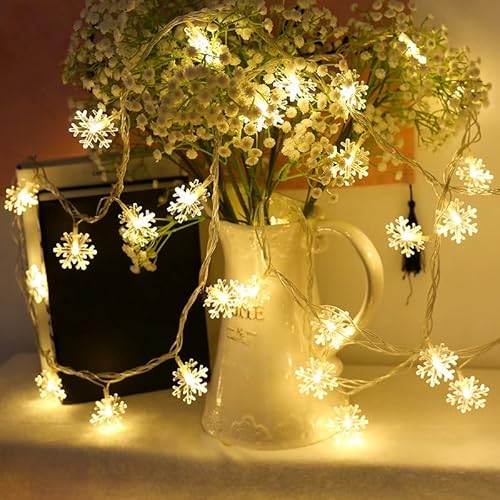 NLINIOZWN LED-Lichterkette mit Sternen, kleine dekorative Lichter für Geburtstag, Schlafzimmer, Dekoration (schöne Schneeflocke (warmweiß), 10 m, 80 Lichter blinken + Dauerbatterie von NLINIOZWN