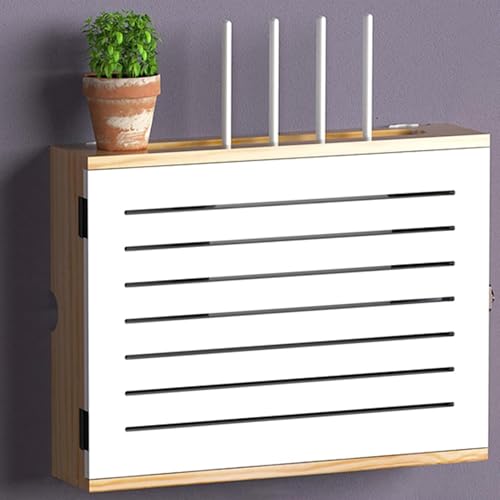 NLLATEI Router Box WLAN Aufbewahrungsbox mit Kabel Management Wandmontage Holz Regal Dekorative Floating Box für Router und Set-top Box im Wohnzimmer, Schlafzimmer Büro(White Palm,Interior 42cm) von NLLATEI