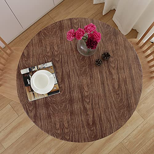 NLMUVW Runde Vinyl-Tischdecke mit elastischem Rand, 100% wasserdicht, ölbeständig, PVC-Tischdecke, abwischbar, für drinnen und draußen, Dunkles Holz, 114,3-142,2 cm von NLMUVW