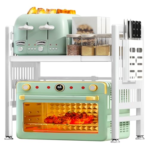 NLMWTI 2-stufiges Erweiterbares Mikrowellen Regal, Verstellbares Mikrowellenregal mit Messerhalter 6 Haken, Mikrowellenhalter aus Kohlenstoffstahl Flexibel Ausziehbar von 40-65cm von NLMWTI