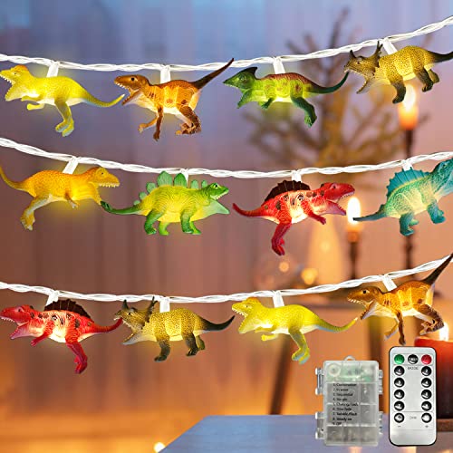 NLNEY 20er LED Dino Lichterkette, 3M Dinosaurier Figuren Deko Lampe Kindergeburtstag Kinder Spaß Nachtlicht Vorhang Batteriebetrieben für Innen Außen Jungen Mädchen Baby Zimmer Party Deko von NLNEY