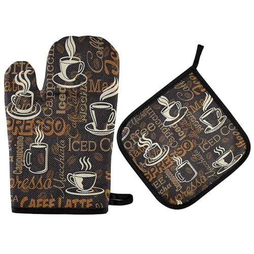 Tasse Kaffee Ofenhandschuhe Topflappen-Set Schriftzug Braun Küchendekor Kochen Herdhandschuhe Hitzebeständige heiße Pads recycelt zum Grillen Backen Grillen von NLWQEKV