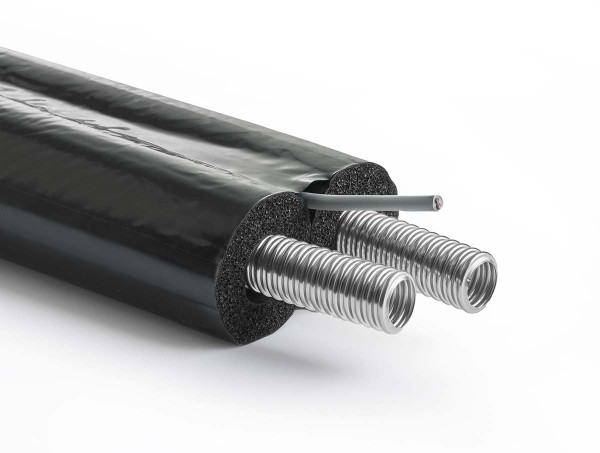 Solar Edelstahlwellrohr doppelt DN 25 mit 13mm HiTemp Rohrisolierung (Aeroflex-EPDM), Sensorkabel | Aeroline inox eco von NMC (Hersteller von synthetischer Schaumstoffe)
