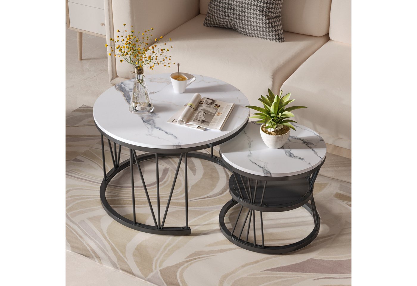 NMCXXO Couchtisch Elegantes 2er Set Couchtische aus Metall und Marmor (2-St., Platzsparendes stapelbares Design), Moderne, robuste Beistelltische im industriellen Design. von NMCXXO