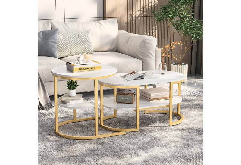 NMCXXO Couchtisch Kaffetisch Set mit Marmoroptik und Goldrahmen (2-St., Platzsparendes stapelbares Design) von NMCXXO