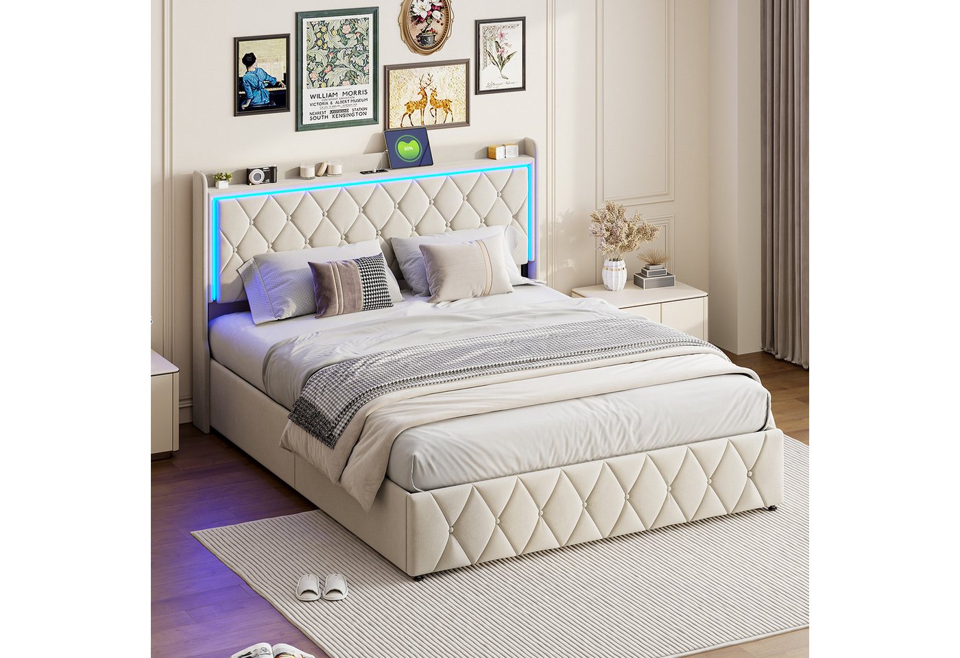 NMCXXO Funktionsbett Modernes Polsterbett mit LED-Beleuchtung in Beige, Elegantes Bett mit gesteppter Kopfstütze und USB-Anschluss NMCXXO Funktionsbett Modernes Polsterbett mit LED-Beleuchtung in Beige, Elegantes Bett mit gesteppter Kopfstütze und USB-Anschluss von NMCXXO