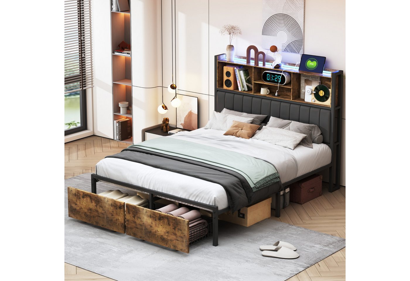 NMCXXO Polsterbett Moderner Polsterbett mit Regal & LED-Beleuchtung (Für Jugendliche geeignet), Praktisch mit Stauraum, USB-Ladefunktion und modernem Design. von NMCXXO