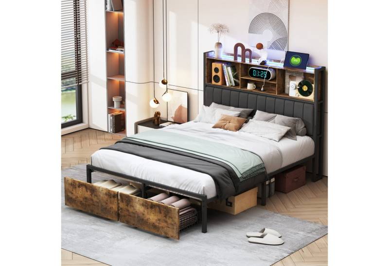 NMCXXO Polsterbett Moderner Polsterbett mit Regal & LED-Beleuchtung (Für Jugendliche geeignet), Praktisch mit Stauraum, USB-Ladefunktion und modernem Design. von NMCXXO