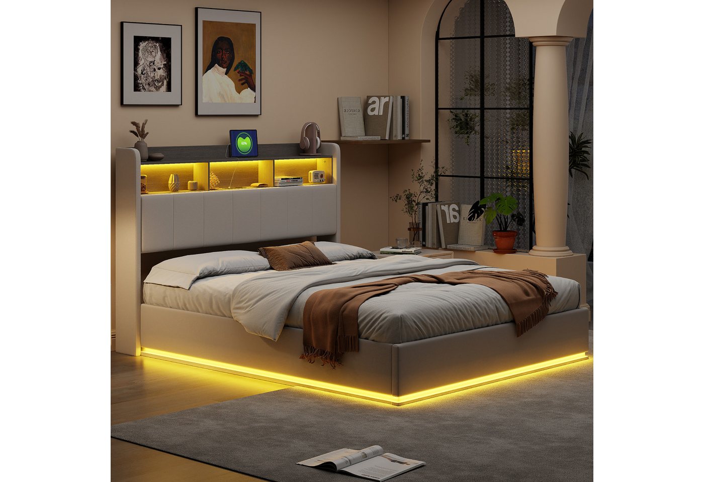 NMCXXO Polsterbett Modernes Bett mit LED-Beleuchtung und Stauraum (Kopfteil mit stauraum), Polsterbett mit Kopfteil, Ablage und LED-Beleuchtung von NMCXXO