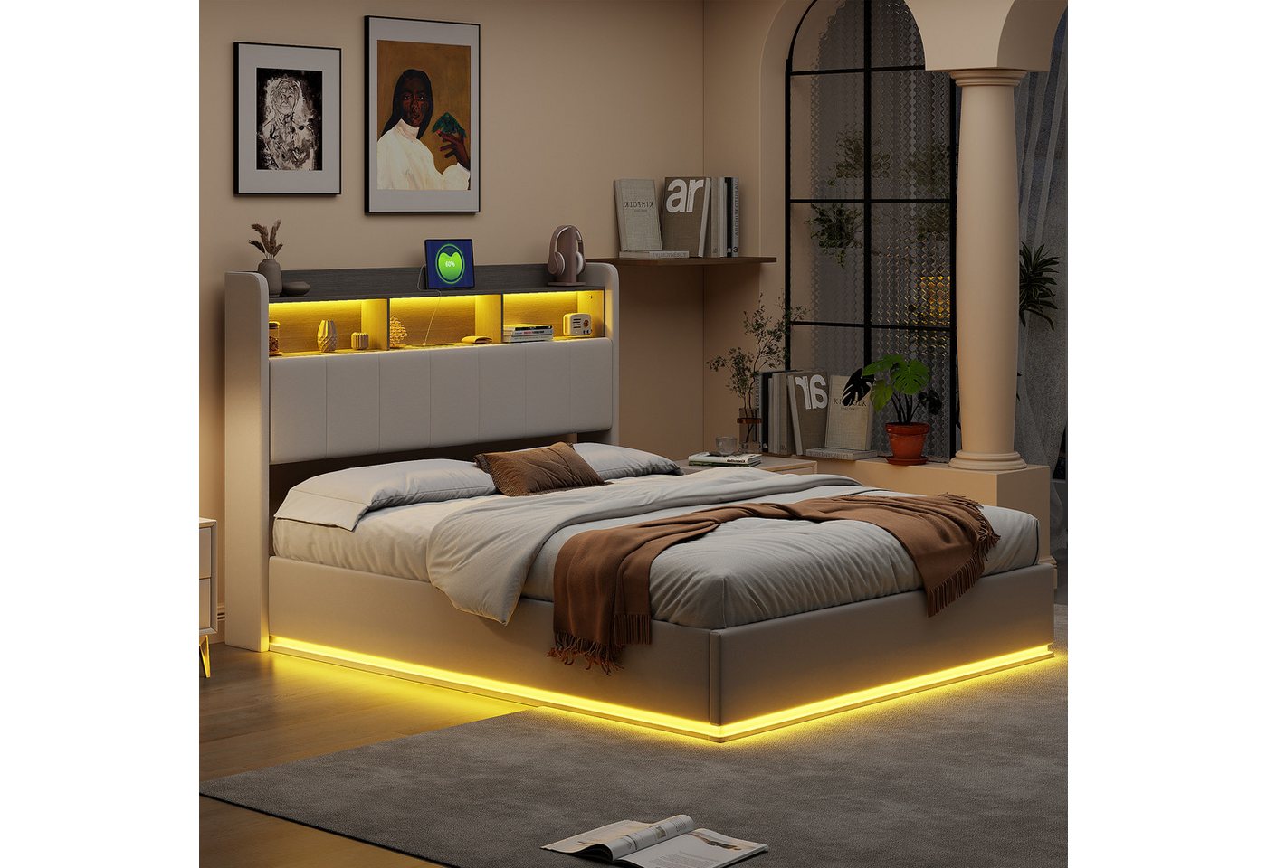 NMCXXO Polsterbett Modernes Bett mit LED-Beleuchtung und Stauraum (Kopfteil mit stauraum), Polsterbett mit Kopfteil, Ablage und LED-Beleuchtung von NMCXXO