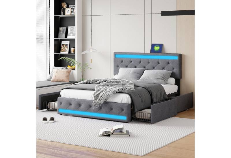 NMCXXO Polsterbett Modernes Polsterbett mit LED-Beleuchtung und USB-Anschluss, Stilvolles Bett mit bequemem Kopfteil und Stauraum. von NMCXXO
