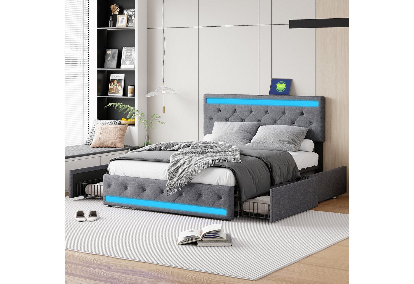 NMCXXO Polsterbett Modernes Polsterbett mit LED-Beleuchtung und USB-Anschluss, Stilvolles Bett mit bequemem Kopfteil und Stauraum. NMCXXO Polsterbett Modernes Polsterbett mit LED-Beleuchtung und USB-Anschluss, Stilvolles Bett mit bequemem Kopfteil und Stauraum. von NMCXXO