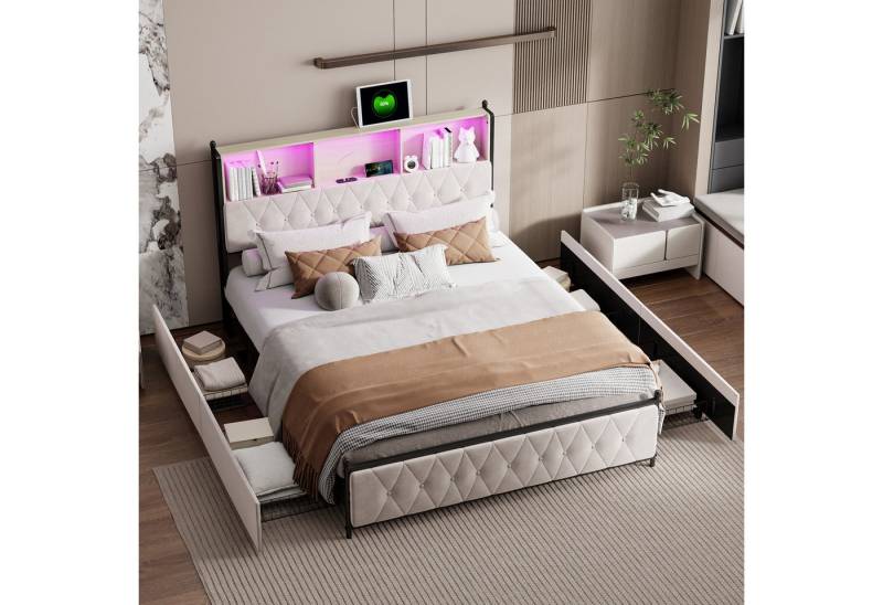 NMCXXO Polsterbett Multifunktionales Bett mit Stauraum und LED-Licht (Mit Lattenrost und Ladefunktion, Samtmaterial Stauraumbett), Seitliche Schubladen, Bücherregal und Ladefunktion von NMCXXO