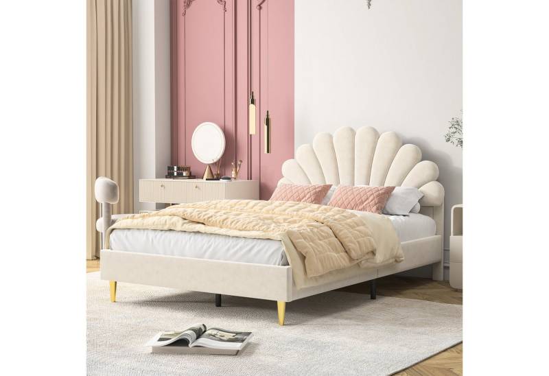 NMCXXO Polsterbett Polsterbett 140x200 mit Lattenrost Samt Beige, Doppelbett mit Muschel Kopfteil & Goldfüßen von NMCXXO