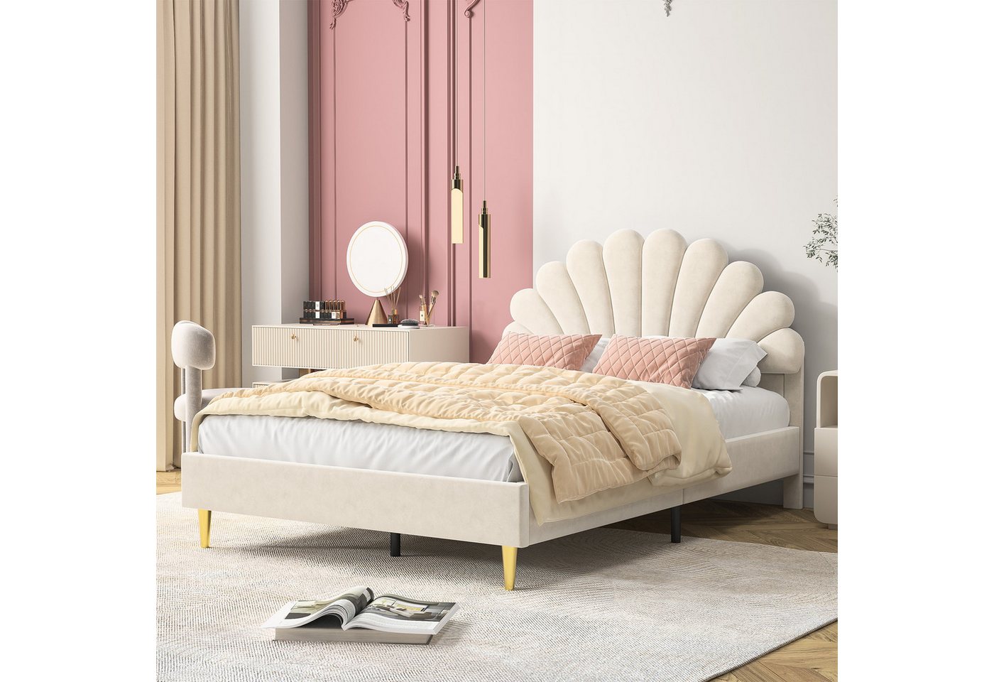 NMCXXO Polsterbett Polsterbett 140x200 mit Lattenrost Samt Beige, Doppelbett mit Muschel Kopfteil & Goldfüßen NMCXXO Polsterbett Polsterbett 140x200 mit Lattenrost Samt Beige, Doppelbett mit Muschel Kopfteil & Goldfüßen von NMCXXO