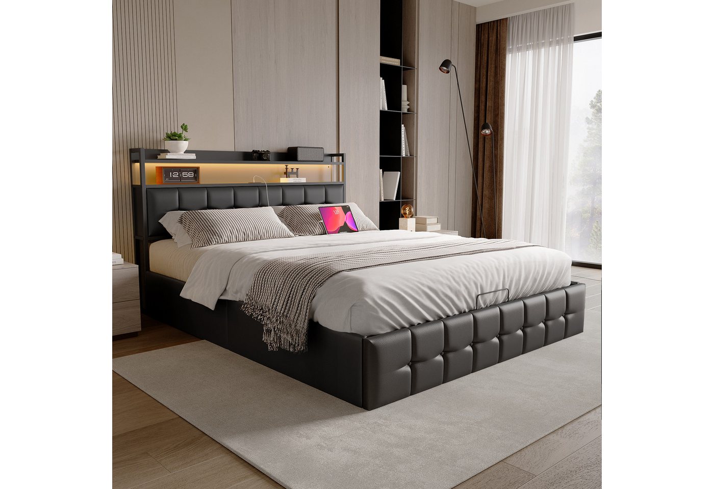 NMCXXO Polsterbett Polsterbett mit Kopfteil, LED und Steckdosen (inkl. Hydraulisch anhebbarer Bettstauraum), Modernes Bett mit integriertem Regal und Funktionen von NMCXXO