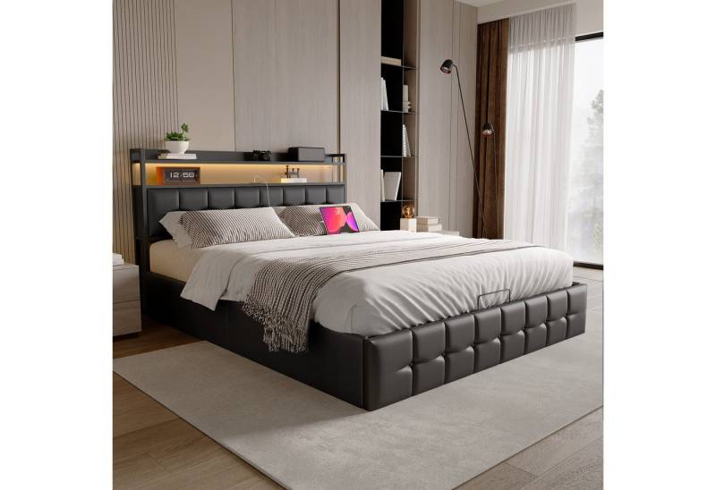 NMCXXO Polsterbett Polsterbett mit Kopfteil, LED und Steckdosen (inkl. Hydraulisch anhebbarer Bettstauraum), Modernes Bett mit integriertem Regal und Funktionen von NMCXXO
